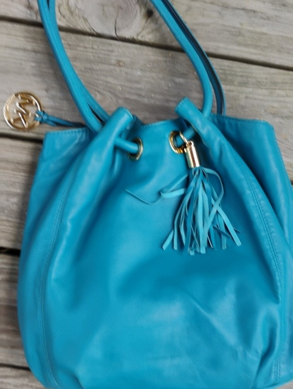 Michael Kors Teal  Leather Shoulder Bag With Tassel On The Back Free Shipping - Picture 5 of 10